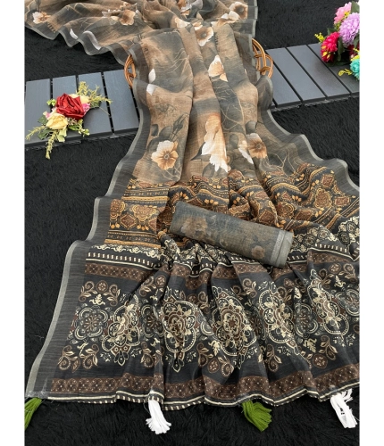 Women's Linen Cotton  Printed Saree With Unstitched Blouse 5.5Mtr (Beige)