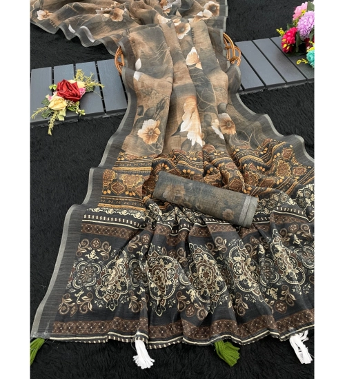 Women's Linen Cotton  Printed Saree With Unstitched Blouse 5.5Mtr (Beige)