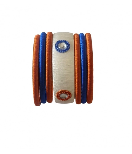 Women's Plastic Silk Thread Bangles (White-Brown-Blue, Size: 2.8)