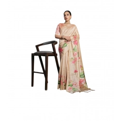 Women's Cotton Printed Saree With Unstitched Blouse 5.5 Mtr (Beige)