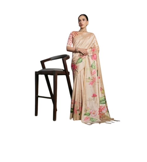 Women's Cotton Printed Saree With Unstitched Blouse 5.5 Mtr (Beige)