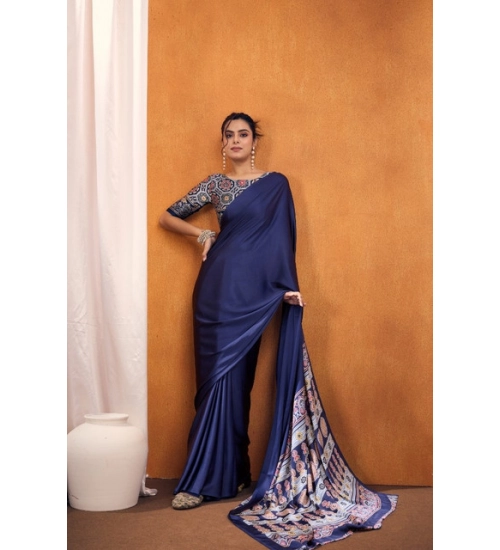 Women's Satin Crepe Printed Saree With Unstitched Blouse 5.5Mtr (Navy Blue)