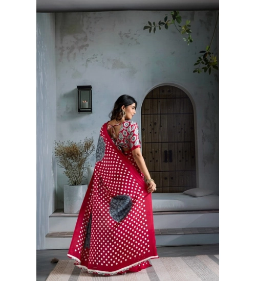 Women's Satin Crepe Printed Saree With Unstitched Blouse 5.5Mtr (Red)