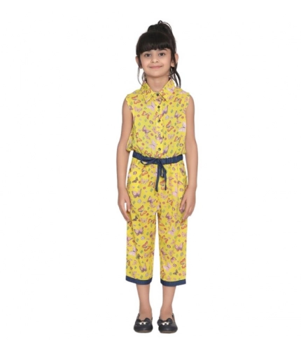 Girl's Cotton Printed Sleeveless Jumpsuit (Yellow)