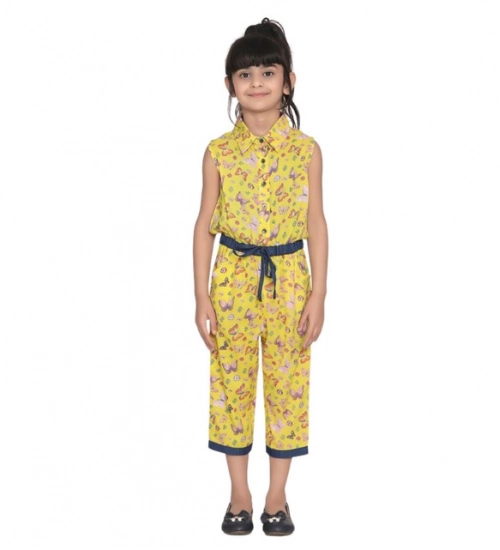 Girl's Cotton Printed Sleeveless Jumpsuit (Yellow)