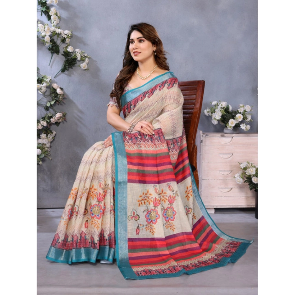 Women's Linen Cotton  Printed Saree With Unstitched Blouse 5.5Mtr (Cream)