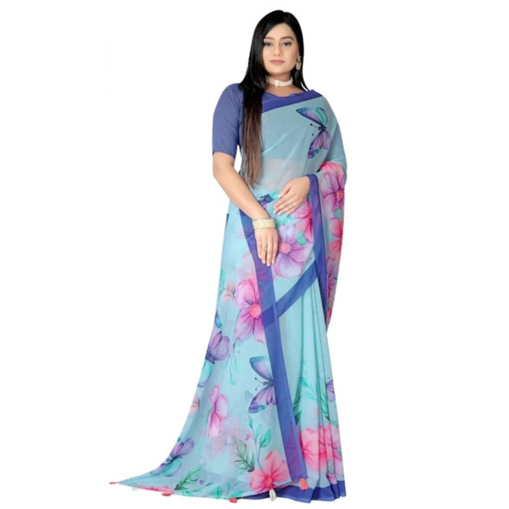 Women's Georgette Floral Printed Saree With Unstitched Blouse 5.5Mtr (Blue) Women's Georgette Floral Printed Saree With Unstitched Blouse 5.5Mtr (Blue)
