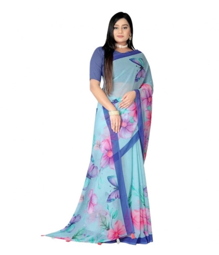 Women's Georgette Floral Printed Saree With Unstitched Blouse 5.5Mtr (Blue)
