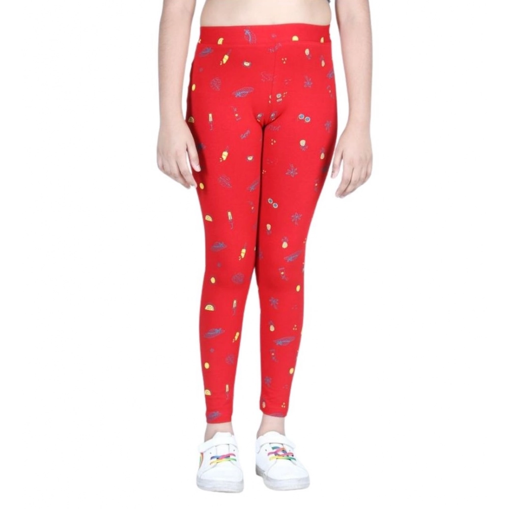 Girl's Cotton Lycra Printed Elasticated Leggings (Red)
