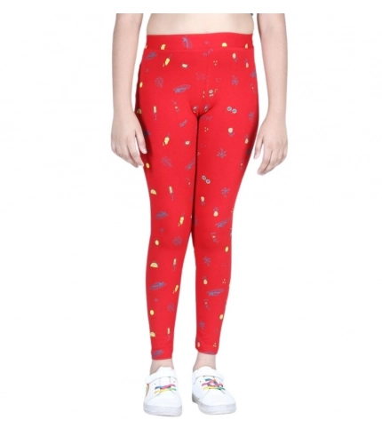 Girl's Cotton Lycra Printed Elasticated Leggings (Red)