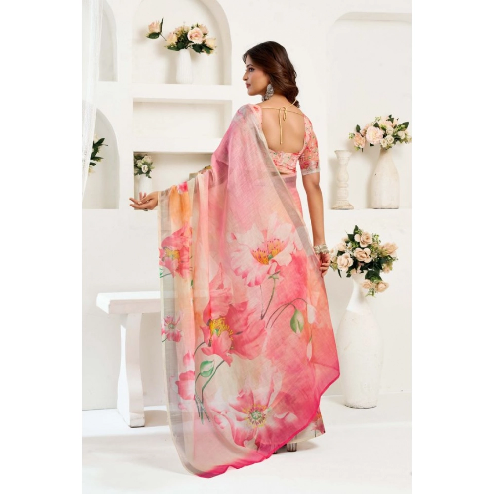 Women's Linen Cotton Printed Ready To Wear Saree With Unstitched Blouse 5.5 Mtr (Light_Peach)
