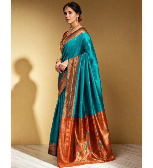Women's Silk Blend Zari Woven Saree With Unstitched Blouse 5.5Mtr (Rama)