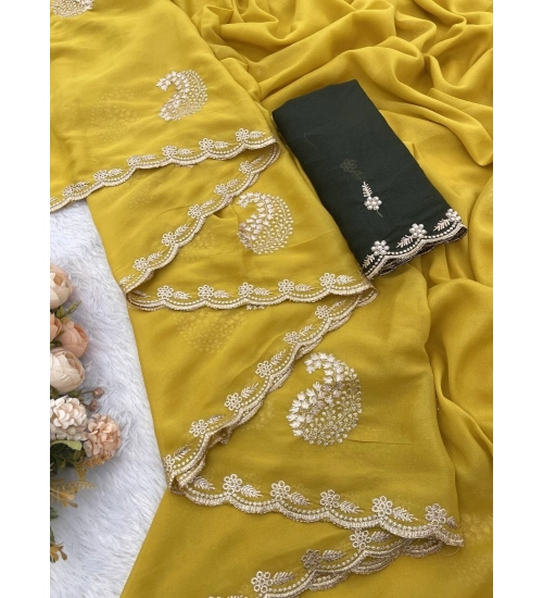 Women's Digital Printed  Georgette Saree With Unstitched Blouse (Yellow, 5-6 Mtrs)