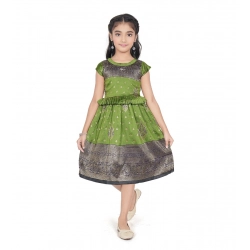Girl's Brocket Printed Short Sleeve Round Neck Dress (Green)