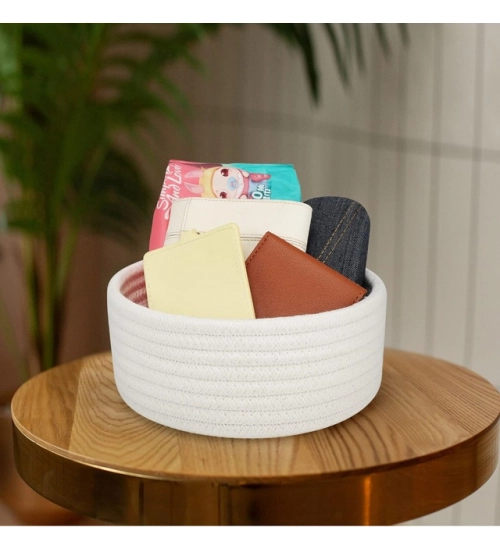 Cotton 8x3 Inch Round 1 Pcs Bedside Organizer (White)