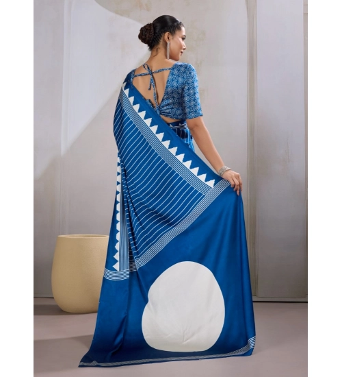 Women's Satin Crepe Printed Saree With Unstitched Blouse 5.5Mtr (Blue)