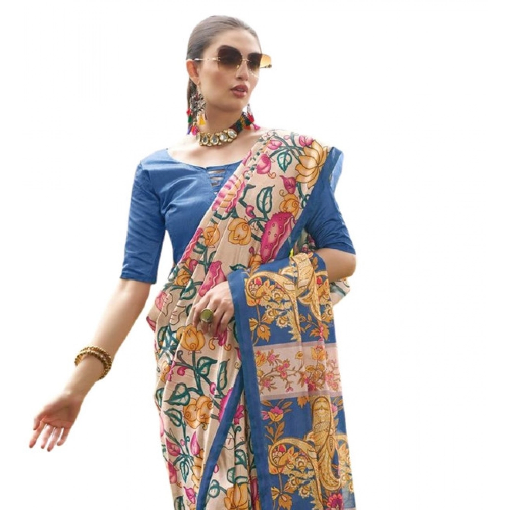Women's Faux_Tussar Kalamkari_Print Saree With Unstitched Blouse 5.5Mtr (Blue) Women's Faux_Tussar Kalamkari_Print Saree With Unstitched Blouse 5.5Mtr (Blue)