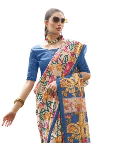 Women's Faux_Tussar Kalamkari_Print Saree With Unstitched Blouse 5.5Mtr (Blue) Women's Faux_Tussar Kalamkari_Print Saree With Unstitched Blouse 5.5Mtr (Blue)