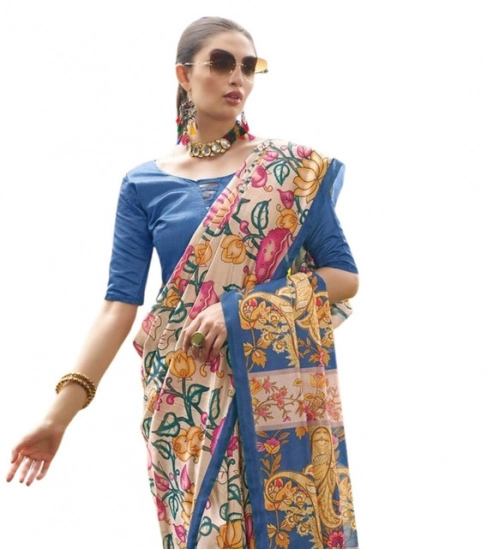 Women's Faux_Tussar Kalamkari_Print Saree With Unstitched Blouse 5.5Mtr (Blue)