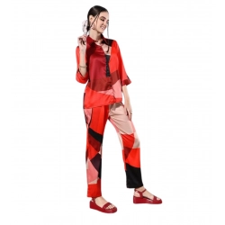 Women's Satin Colour Block Long Sleeves Co-Ord Set (Multicolor)