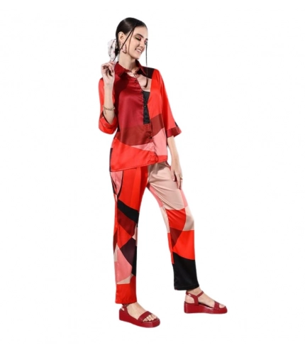 Women's Satin Colour Block Long Sleeves Co-Ord Set (Multicolor)