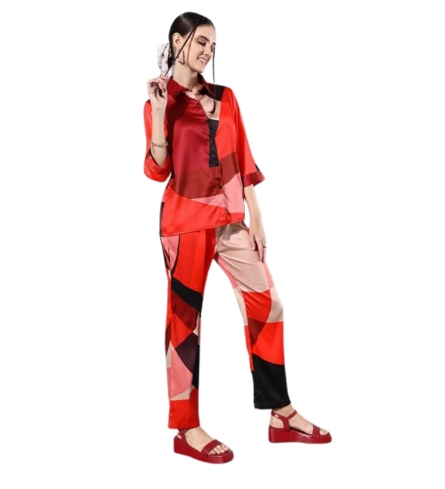 Women's Satin Colour Block Long Sleeves Co-Ord Set (Multicolor)