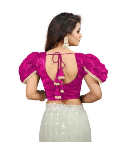 Women's Jimmy Solid V Neck Puff Sleeve Readymade Blouse (Pink 38 , Alterable up to 42)-PID65842