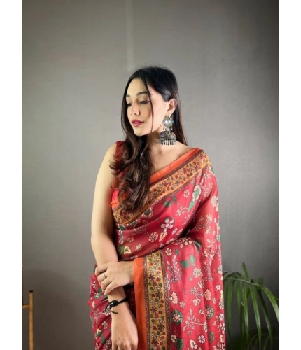 Women's Linen Printed Saree With Unstitched Blouse 5.5Mtr (Red)