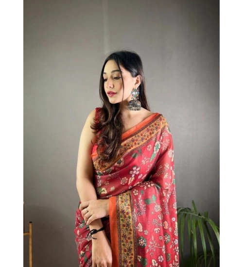 Women's Linen Printed Saree With Unstitched Blouse 5.5Mtr (Red)
