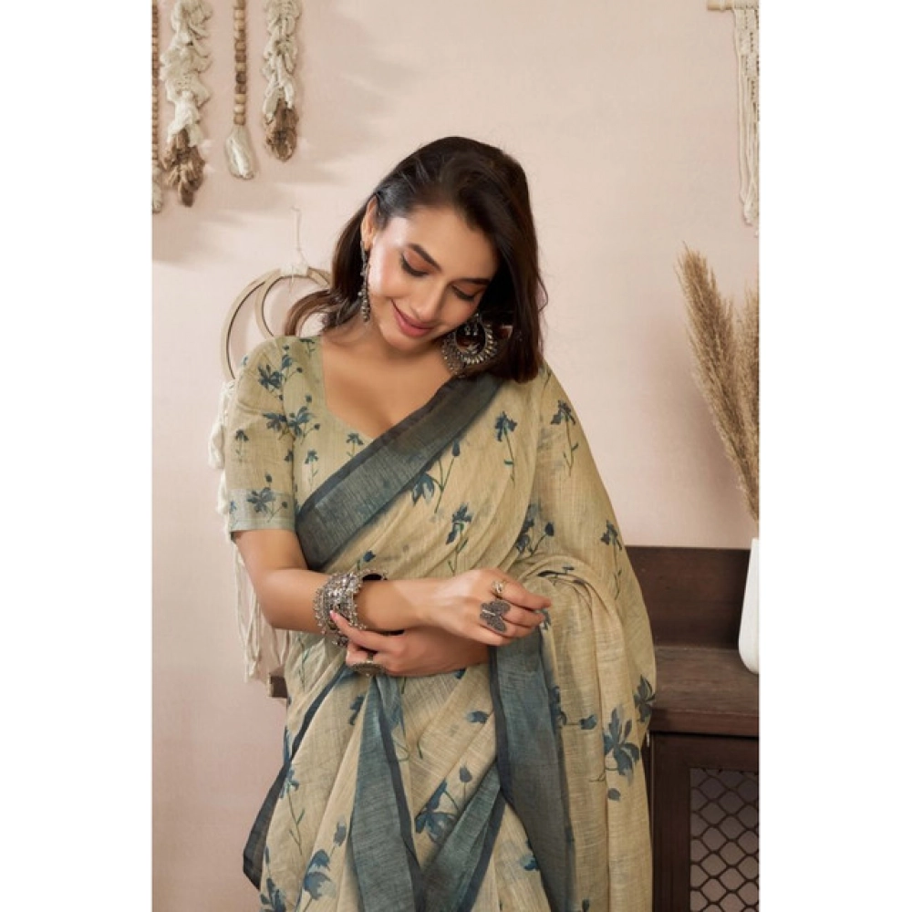 Women's Linen Cotton Printed Ready To Wear Saree With Unstitched Blouse 5.5 Mtr (Light_Beige)