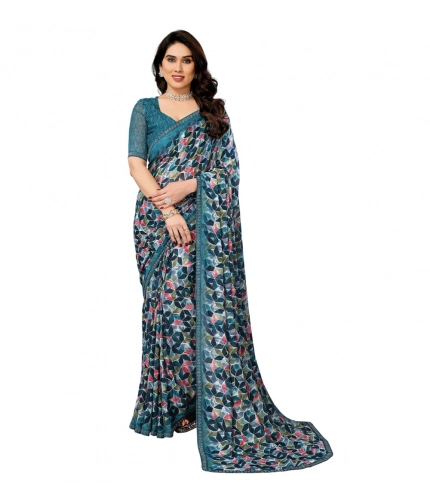 Women's Georgette Printed Saree With Unstitched Blouse 5.5Mtr (Sky Blue)