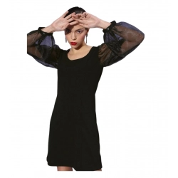 Women's Organza And Polyester Lycra Solid Long Sleeves Dress (Black)