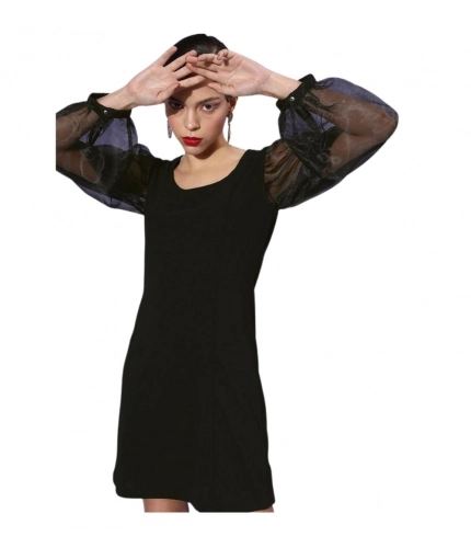 Women's Organza And Polyester Lycra Solid Long Sleeves Dress (Black)