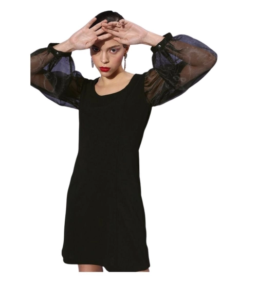 Women's Organza And Polyester Lycra Solid Long Sleeves Dress (Black)