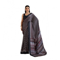 Women's Satin Crepe Printed Saree With Unstitched Blouse 5.5Mtr (Black)