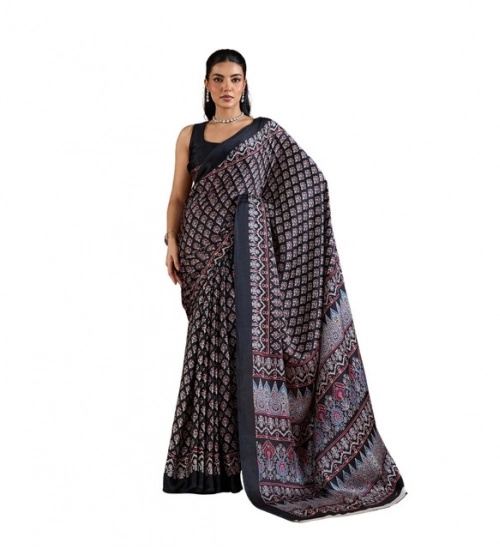 Women's Satin Crepe Printed Saree With Unstitched Blouse 5.5Mtr (Black)