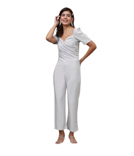 Women's Polyester Shimmer Self Design Short Sleeve Jumpsuit (Silver)