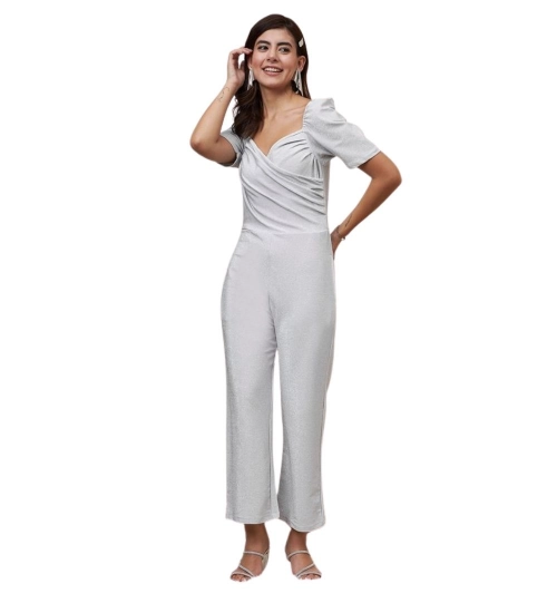 Women's Polyester Shimmer Self Design Short Sleeve Jumpsuit (Silver)