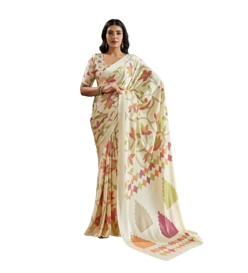 Women's Satin Crepe Printed Saree With Unstitched Blouse 5.5Mtr (Off White)