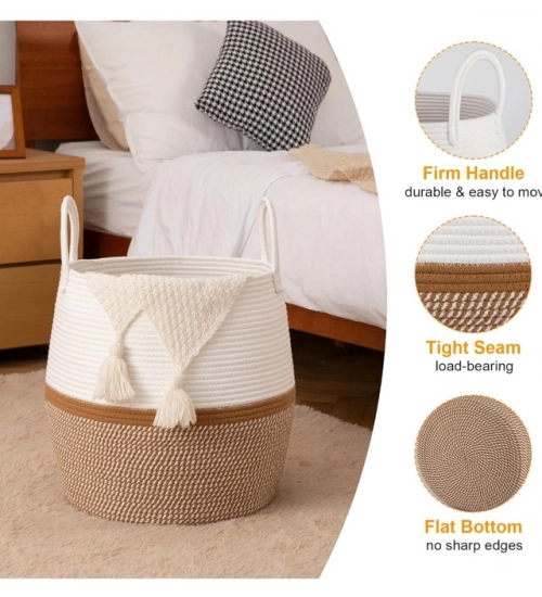 Cotton Matka With Handle 14x12 Inch Storage Basket For Clothes (Beige White)