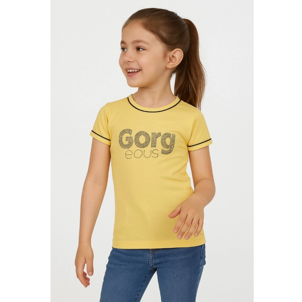 Girl's Cotton Printeded Round Neck T-Shirt (Yellow)