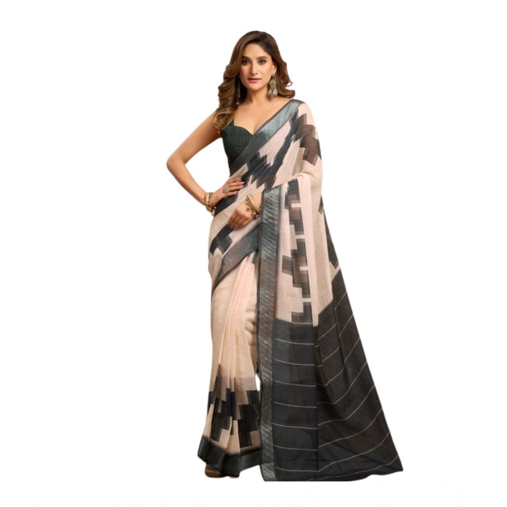 Women's Linen Cotton Printed Ready To Wear With Pocket Saree With Unstitched Blouse 5.5 Mtr (Light_Beige)