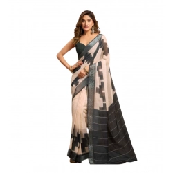 Women's Linen Cotton Printed Ready To Wear With Pocket Saree With Unstitched Blouse 5.5 Mtr (Light_Beige)