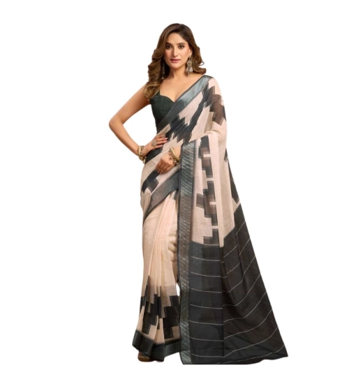 Women's Linen Cotton Printed Ready To Wear With Pocket Saree With Unstitched Blouse 5.5 Mtr (Light_Beige)
