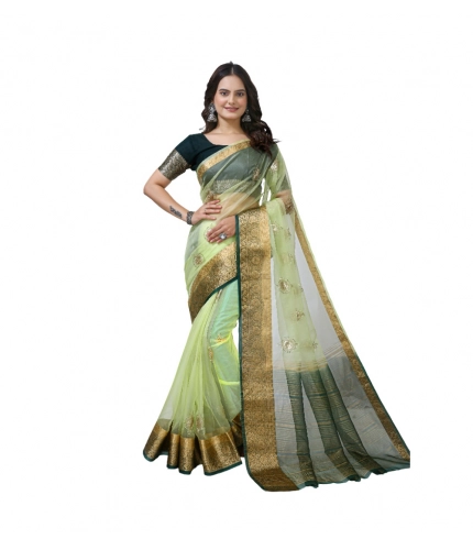 Women's Organza jacquard Embellished Saree With Unstitched Blouse 5.5Mtr (Light Green)
