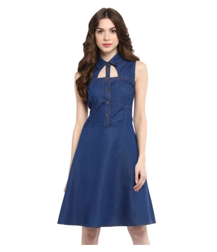 Women's Denim Solid Sleeveless Dress (Navy Blue)