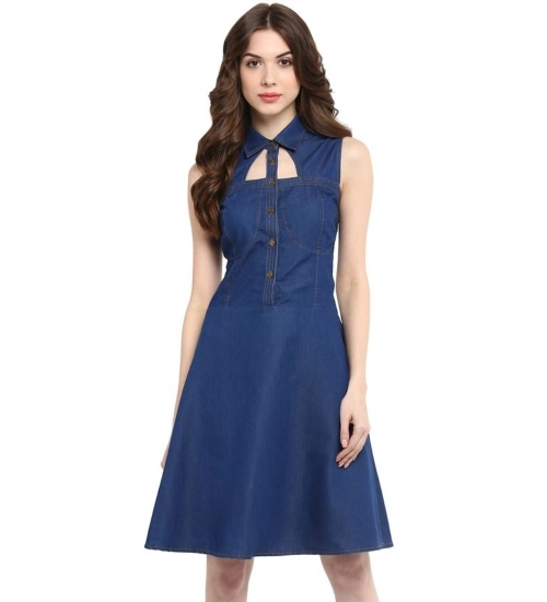 Women's Denim Solid Sleeveless Dress (Navy Blue)