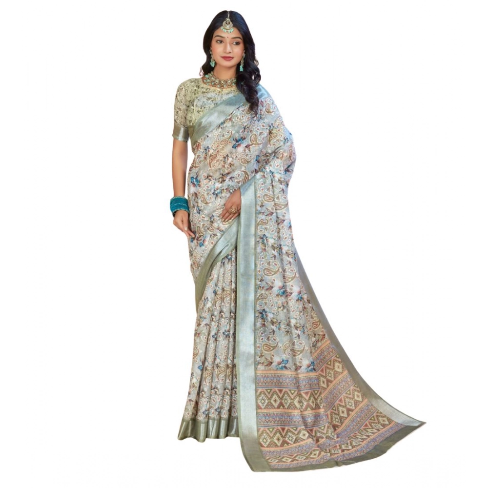 Women's Printed Cotton Linen Saree withPrinted Saree With Unstitched Blouse (Mint Green, 5-6Mtrs) Women's Printed Cotton Linen Saree withPrinted Saree With Unstitched Blouse (Mint Green, 5-6Mtrs)