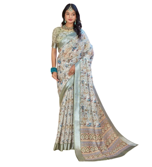 Women's Printed Cotton Linen Saree withPrinted  Saree With Unstitched Blouse (Mint Green, 5-6Mtrs)