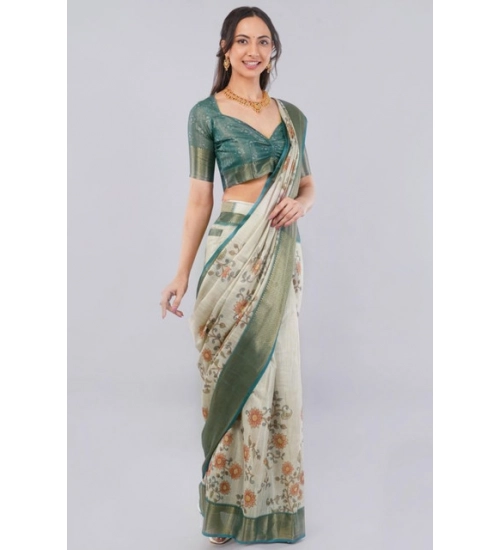 Women's Polyester Printed Ready To Wear Saree With Unstitched Blouse 5.5 Mtr (Beige)